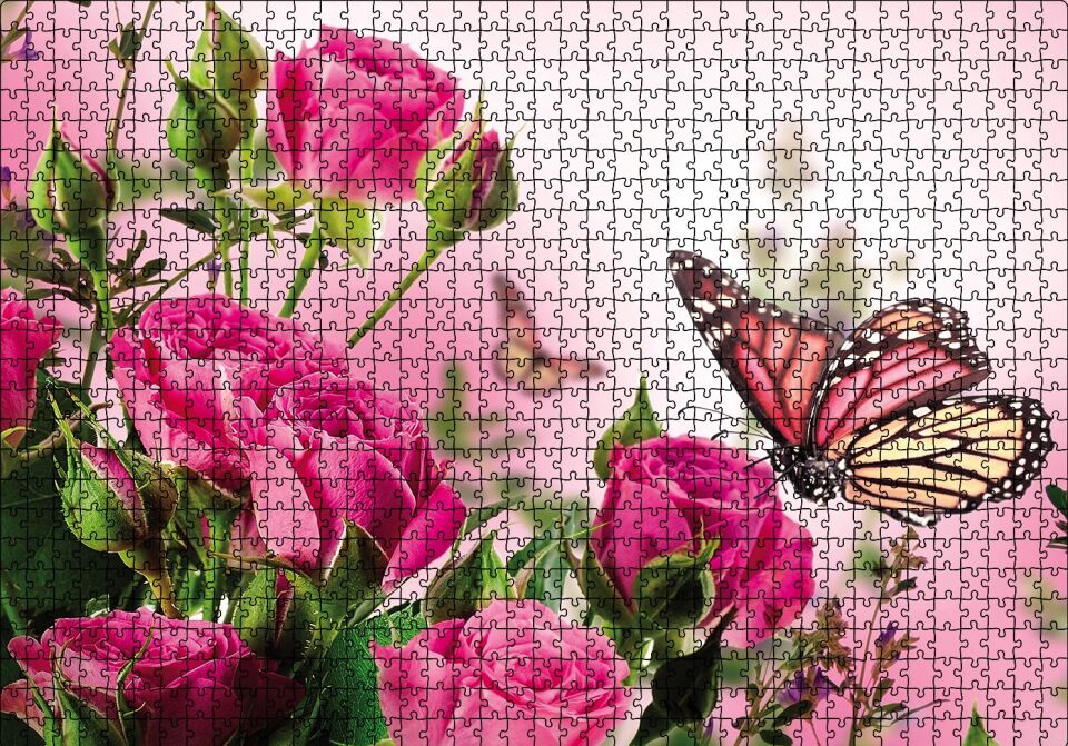 Güller ve Kelebek Puzzle Yapboz MDF Ahşap 1000 Parça 49 cm X 68 cm