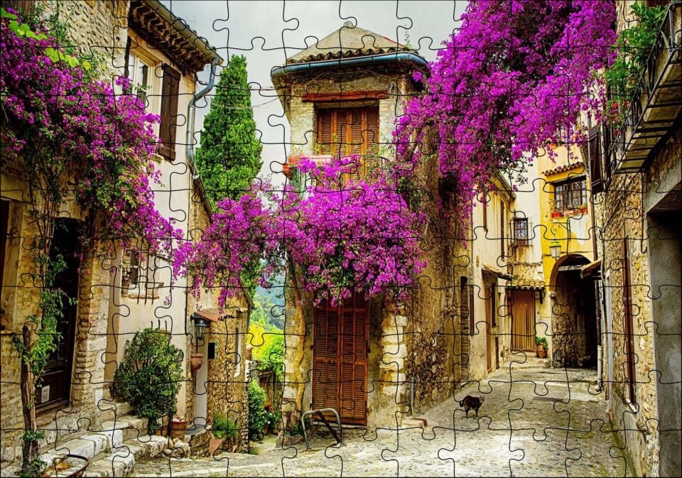 Fransa Provence Eski Binalar Görseli Puzzle Yapboz MDF Ahşap