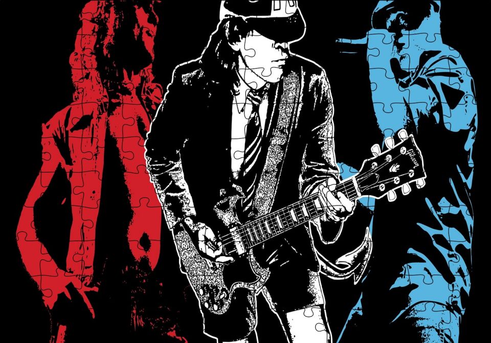 AC DC Rock Grubu Üç Renk İllüstrasyon Puzzle Yapboz MDF Ahşap 120 Parça 24 cm X 34 cm