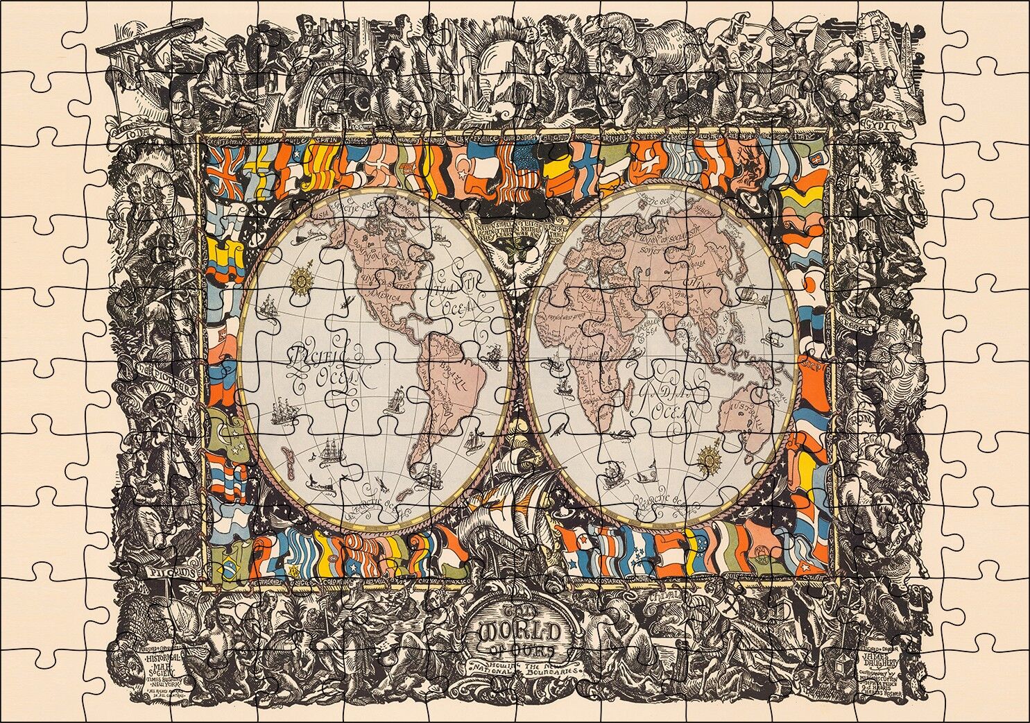 Dünya Haritası Ülke Bayrakları Ve Tarihi Figür Görseli Puzzle Yapboz MDF Ahşap