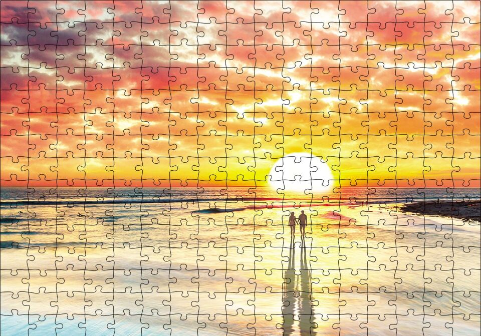 Gün Batımı Çiftler Elele Puzzle Yapboz MDF Ahşap 255 Parça 34 cm X 49 cm