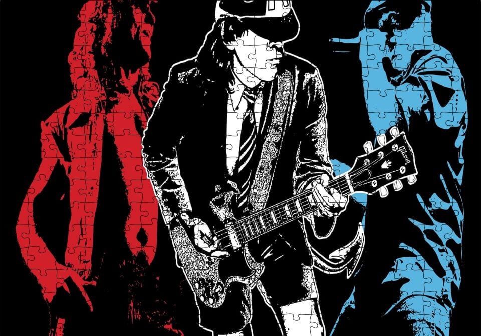 AC DC Rock Grubu Üç Renk İllüstrasyon Puzzle Yapboz MDF Ahşap 255 Parça 34 cm X 49 cm
