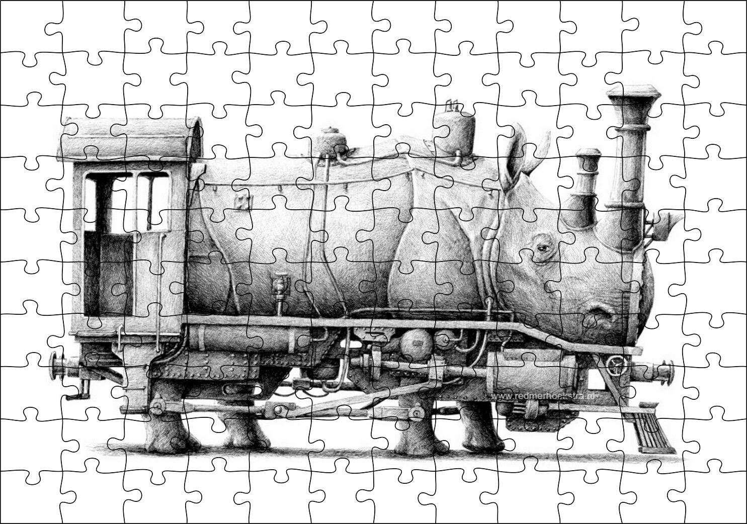 Gergedan ve Lokomotif Karışımı Kara Kalem Puzzle Yapboz MDF Ahşap