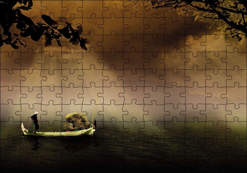 Uzak Doğuda Kayık İle Yük Taşıma Puzzle Yapboz MDF Ahşap