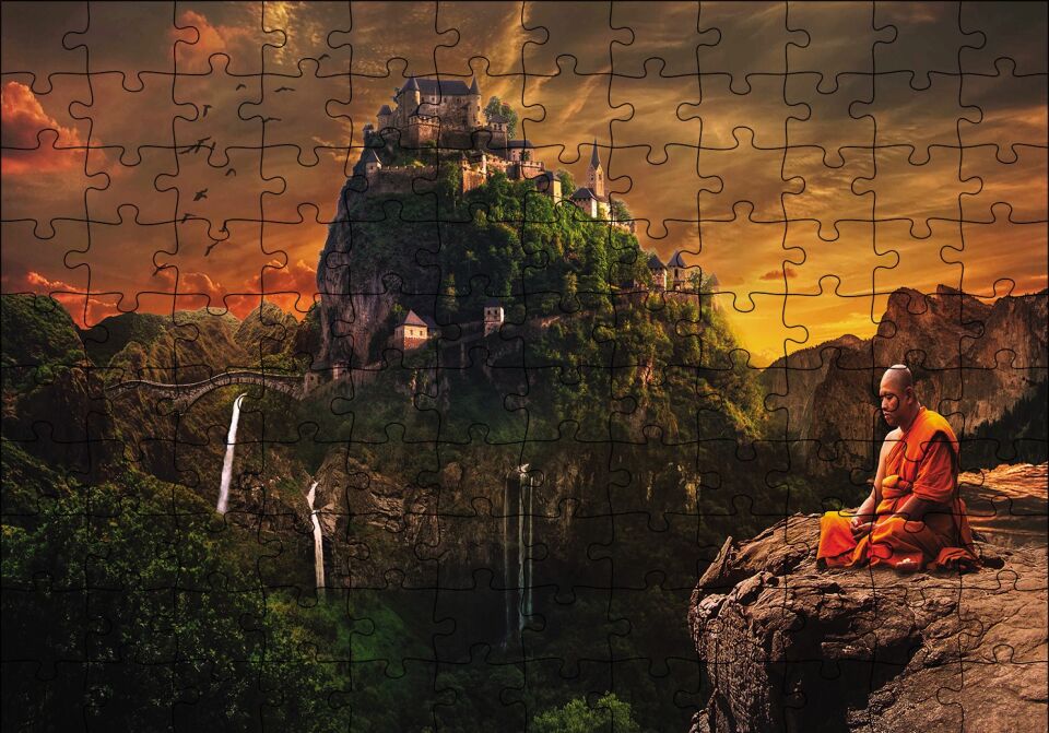 Meditasyon Yapan Budist Şato Puzzle Yapboz MDF Ahşap 120 Parça 24 cm X 34 cm