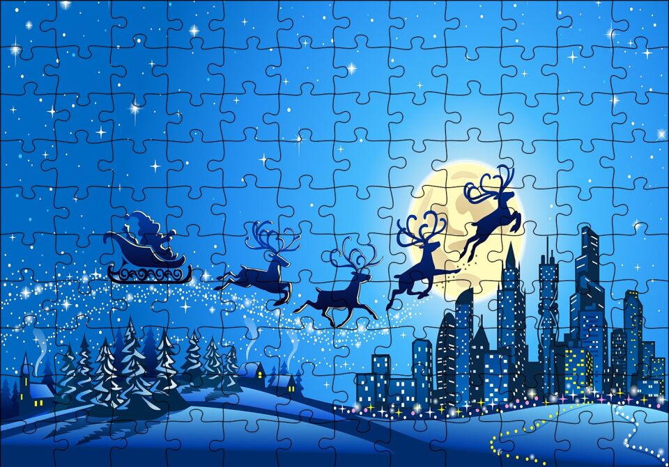 Noel Baba, Geyikler ve Şehir Manzarası Puzzle Yapboz MDF Ahşap 120 Parça 24 cm X 34 cm