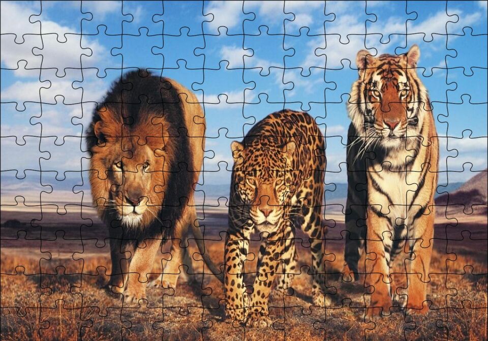 Aslan Leopar ve Kaplan Kompozisyon Puzzle Yapboz MDF Ahşap 120 Parça 24 cm X 34 cm