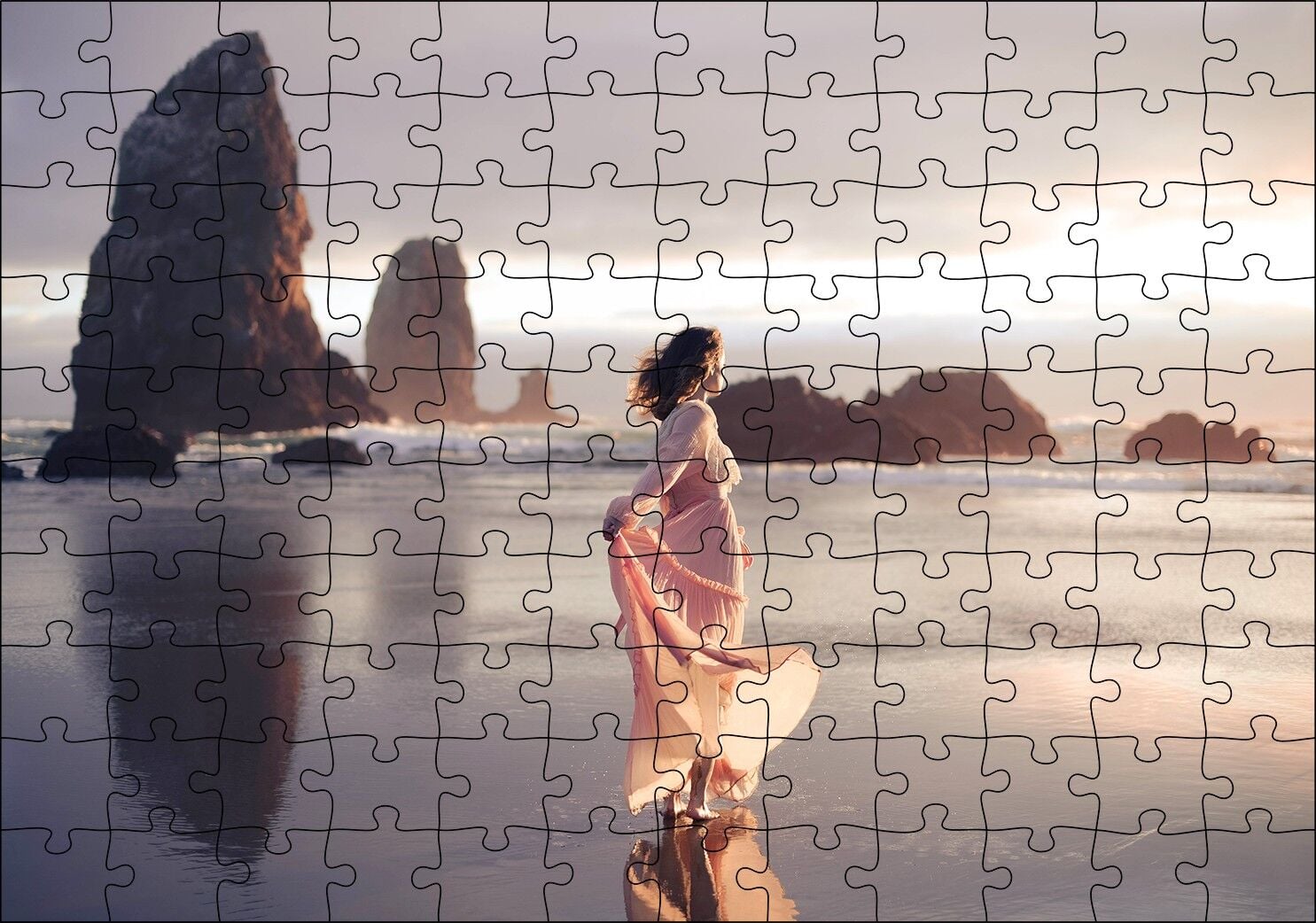 Sahilde Kayalıklar ve Pembe Elbiseli Kadın Puzzle Yapboz MDF Ahşap 120 Parça 24 cm X 34 cm