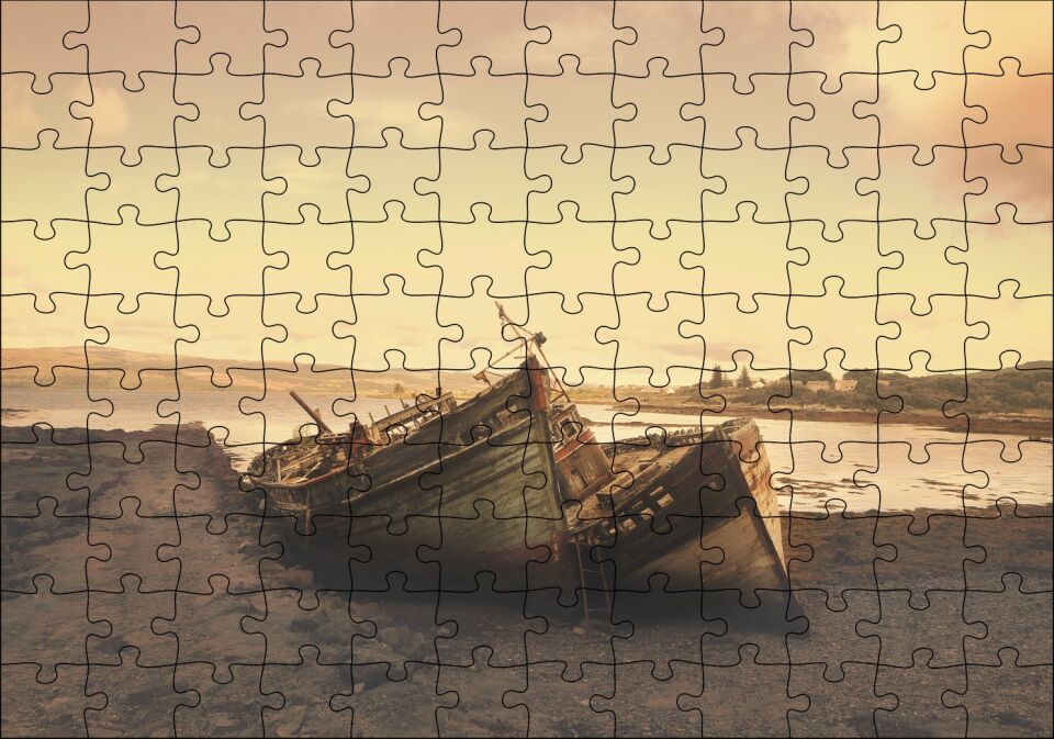 Göl Kıyısında Terkedilmiş Gemiler ve Gün Doğumu Puzzle Yapboz MDF Ahşap