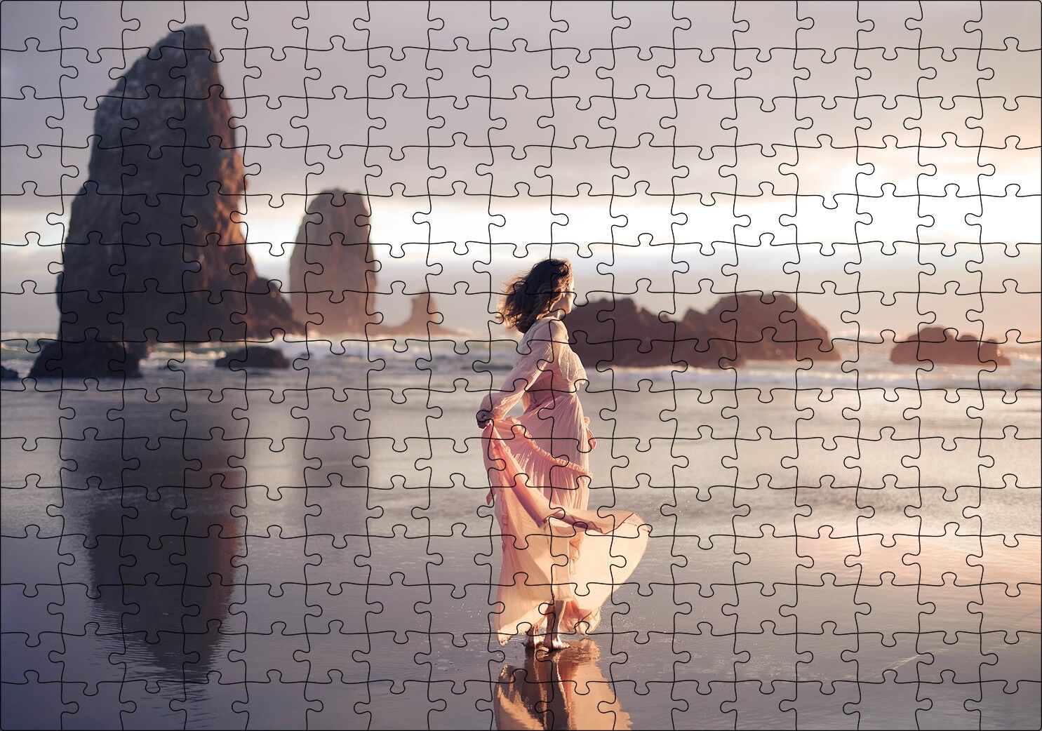 Sahilde Kayalıklar ve Pembe Elbiseli Kadın Puzzle Yapboz MDF Ahşap 255 Parça 34 cm X 49 cm