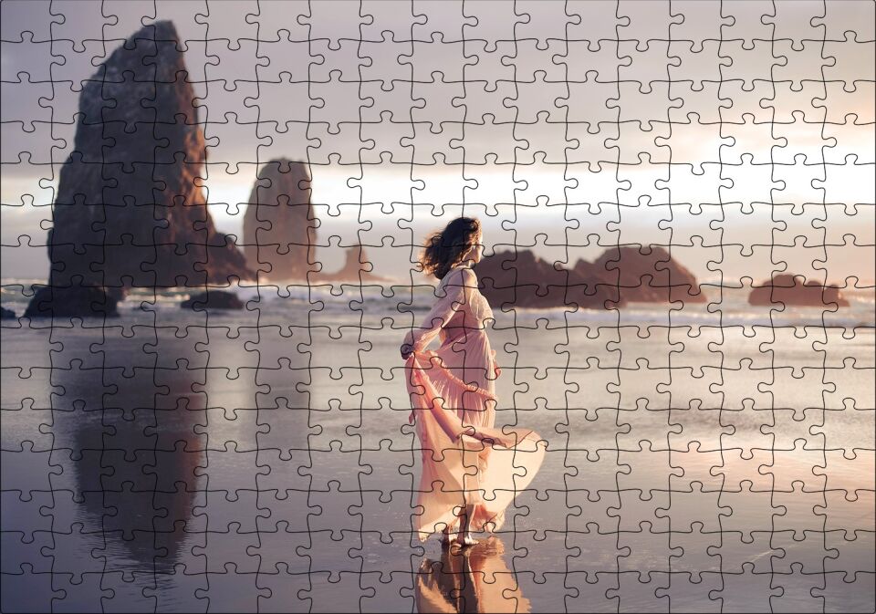 Sahilde Kayalıklar ve Pembe Elbiseli Kadın Puzzle Yapboz MDF Ahşap 255 Parça 34 cm X 49 cm