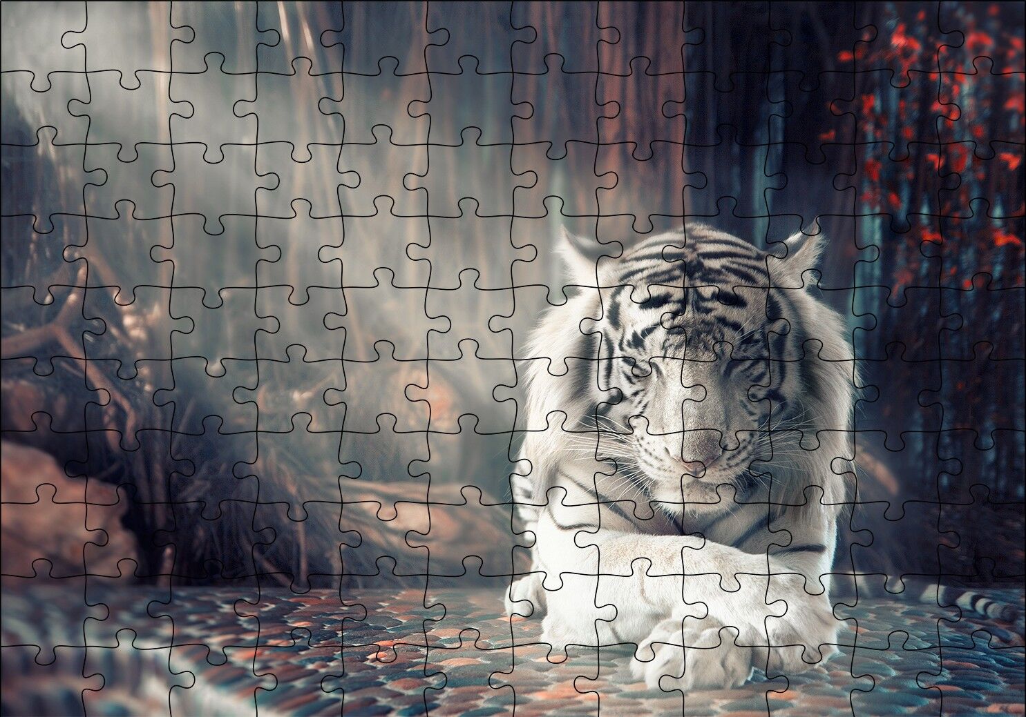 Ormanda Uyuyan Beyaz Kaplan ve Güneş Işıkları Puzzle Yapboz MDF Ahşap