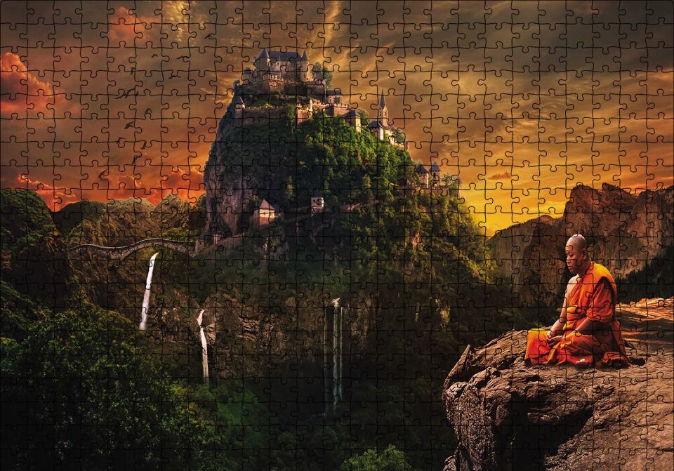 Meditasyon Yapan Budist Şato Puzzle Yapboz MDF Ahşap 500 Parça 49 cm X 68 cm