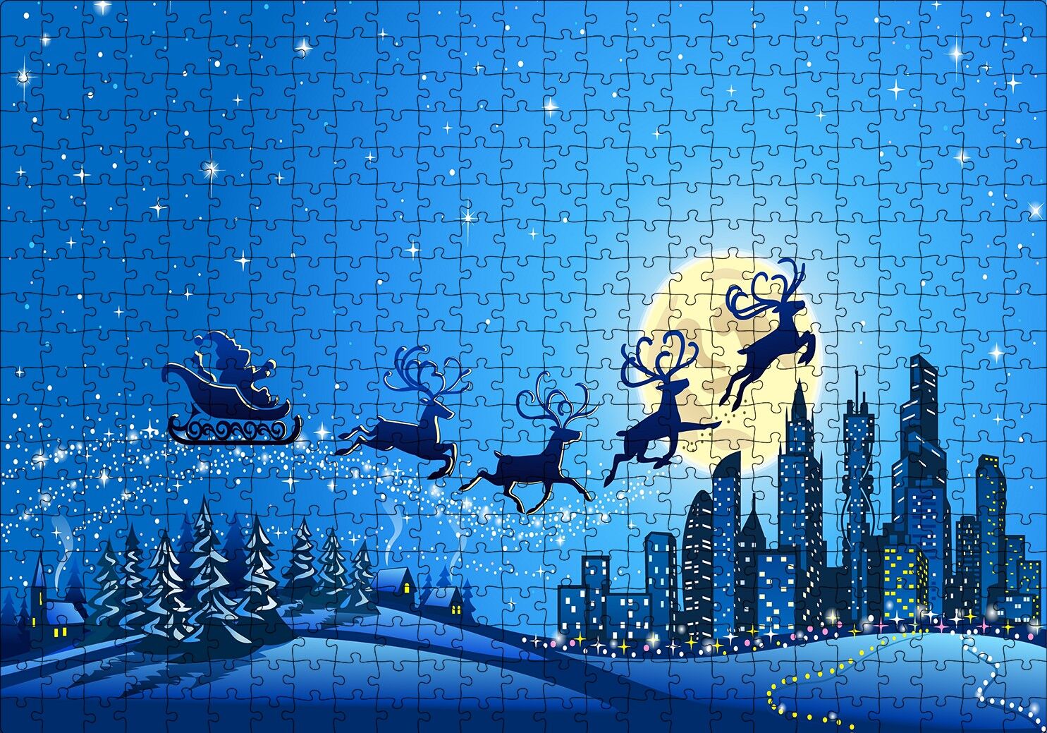 Noel Baba, Geyikler ve Şehir Manzarası Puzzle Yapboz MDF Ahşap 500 Parça 49 cm X 68 cm
