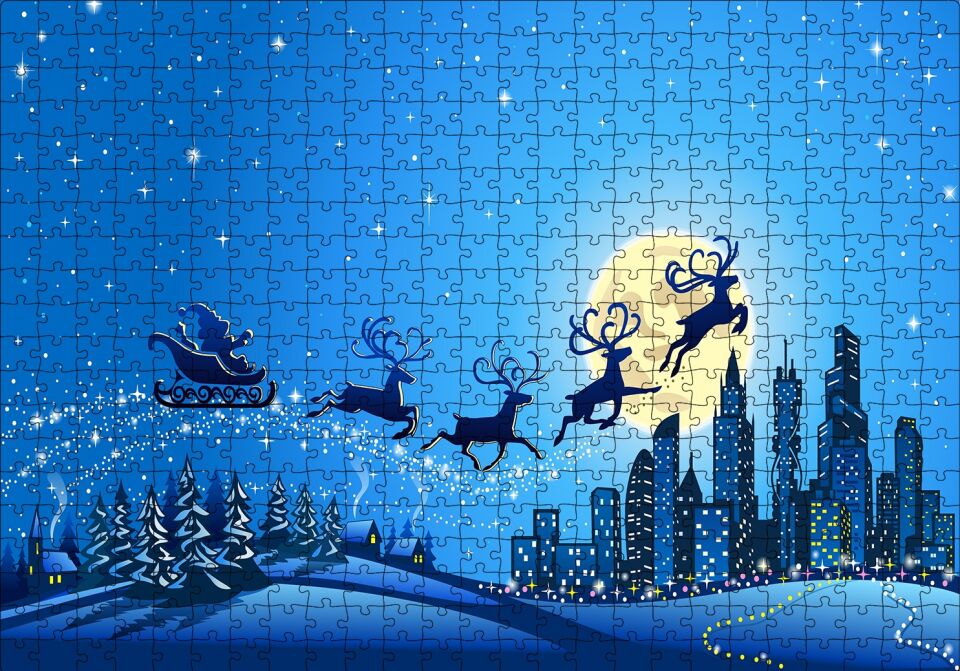 Noel Baba, Geyikler ve Şehir Manzarası Puzzle Yapboz MDF Ahşap 500 Parça 49 cm X 68 cm