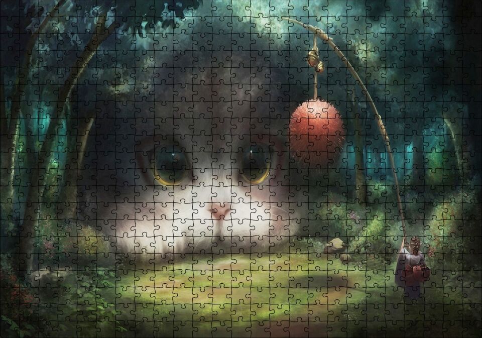 Koyu Orman ve Sevimli Dev Kedicik Puzzle Yapboz MDF Ahşap 500 Parça 49 cm X 68 cm