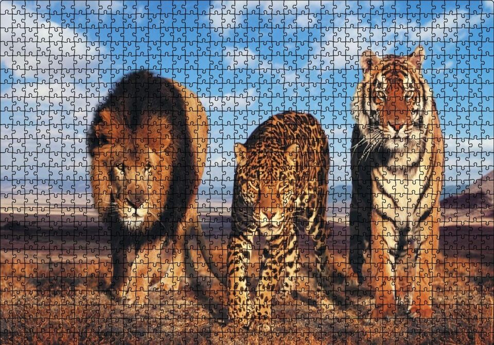 Aslan Leopar ve Kaplan Kompozisyon Puzzle Yapboz MDF Ahşap 1000 Parça 49 cm X 68 cm