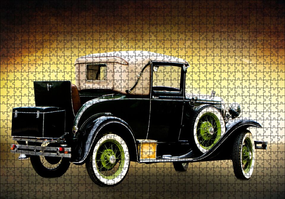 Siyah Antika Araba Puzzle Yapboz MDF Ahşap 1000 Parça 49 cm X 68 cm