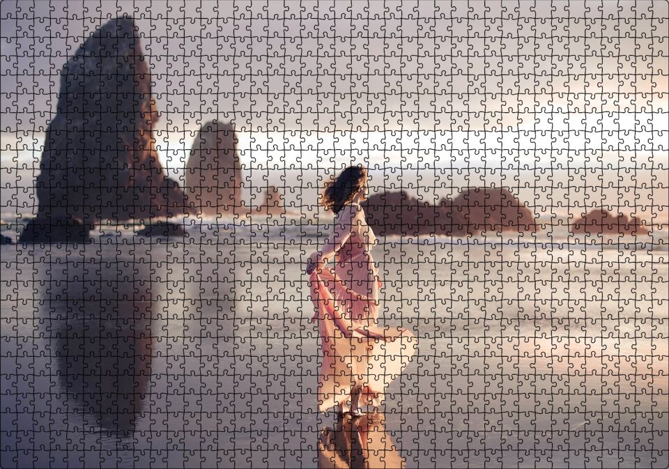 Sahilde Kayalıklar ve Pembe Elbiseli Kadın Puzzle Yapboz MDF Ahşap 1000 Parça 49 cm X 68 cm