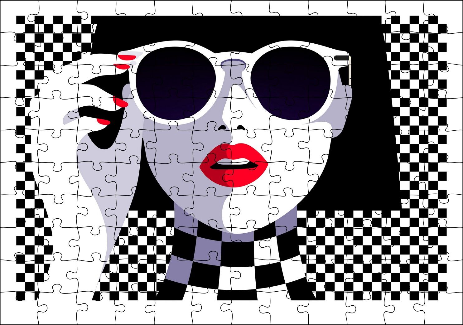 Gözlüklü Kadın Damalı Arka Plan Puzzle Yapboz MDF Ahşap