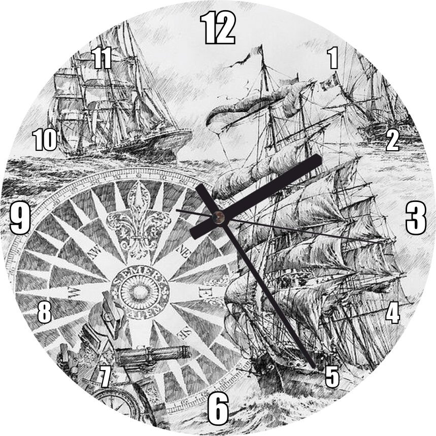 Fırtına İçinde Yelkenli Gemiler Dev Pusula Parçası   Mdf Ahşap Duvar Saati