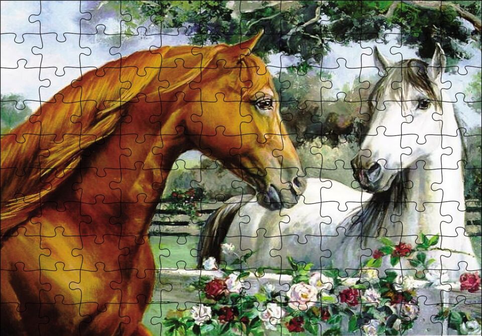 Kahve Beyz Renk Atlar Puzzle Yapboz MDF Ahşap