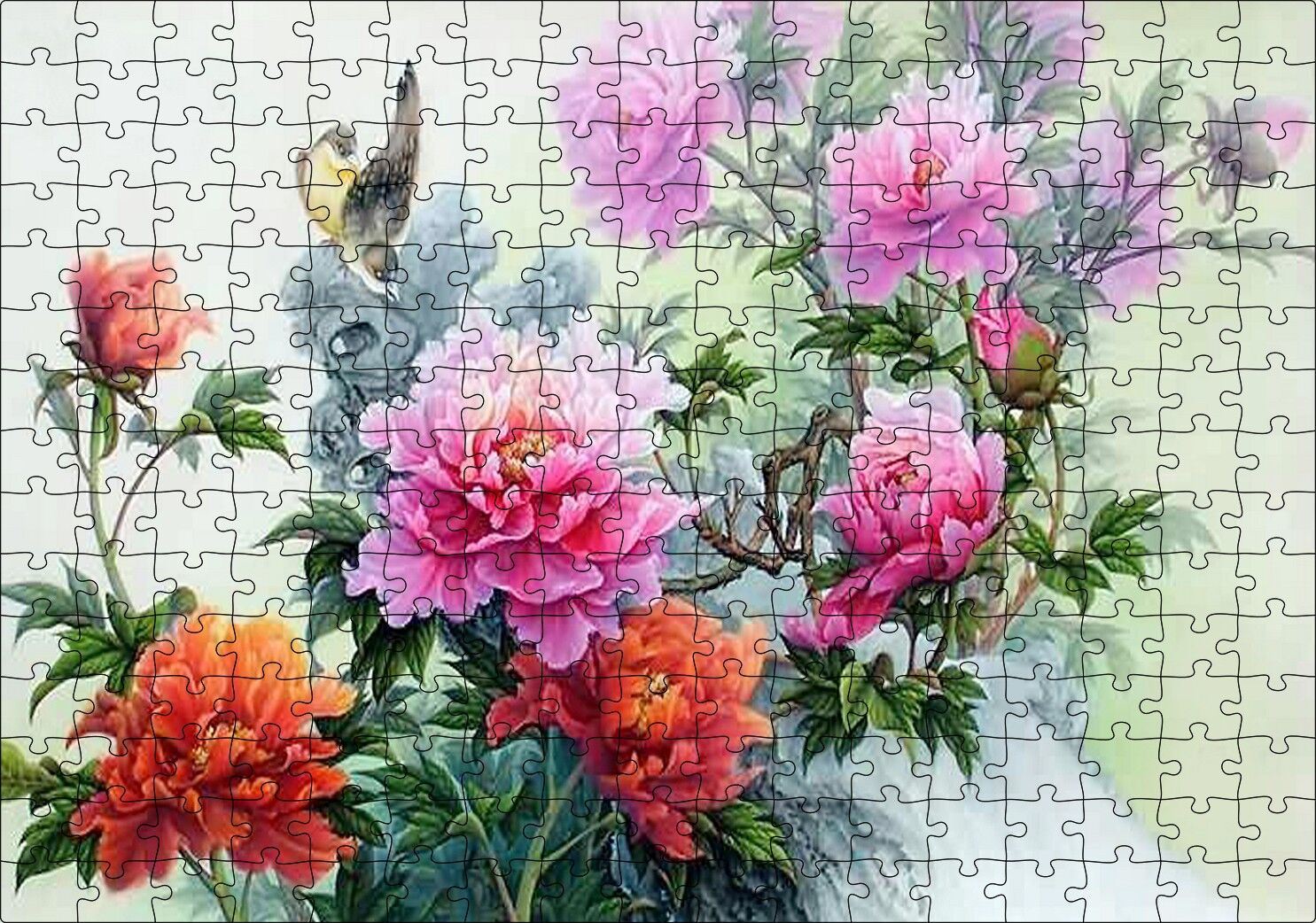 Şakayık Çiçeği Ve Kuşlar Puzzle Yapboz MDF Ahşap 255 Parça 34 cm X 49 cm
