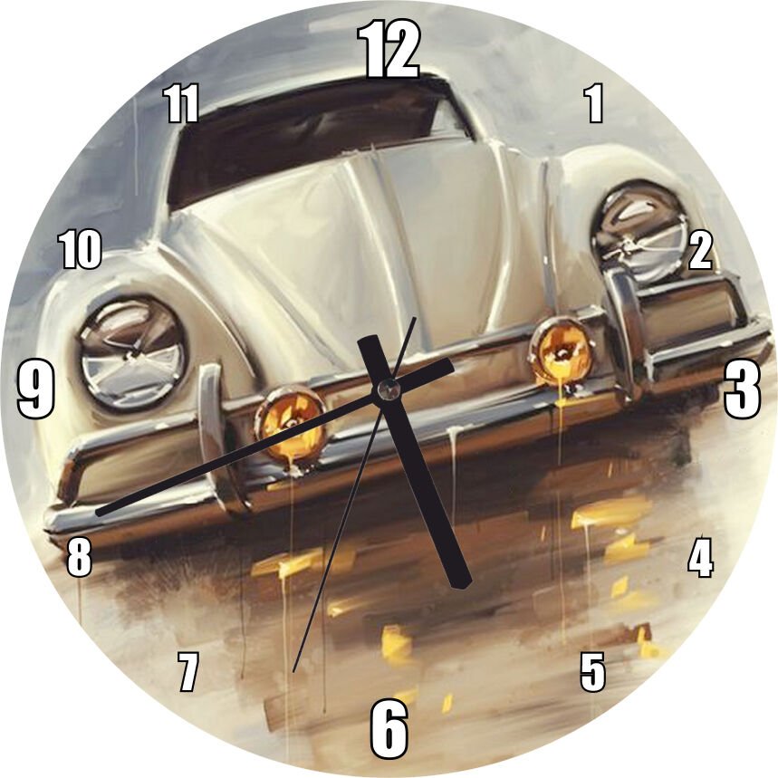 Gri Renk Vosvos Otomobil Çizim  Mdf Ahşap Duvar Saati
