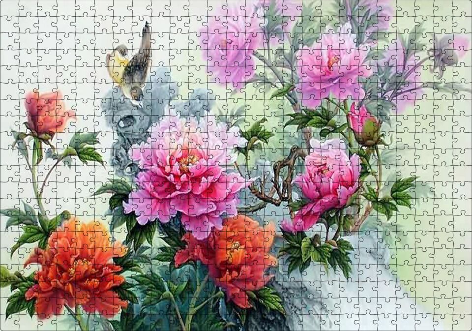 Şakayık Çiçeği Ve Kuşlar Puzzle Yapboz MDF Ahşap 500 Parça 49 cm X 68 cm