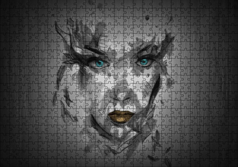 Belirsiz Boyama Tekniğiyle Kadın Yüzü Puzzle Yapboz MDF Ahşap 500 Parça 49 cm X 68 cm
