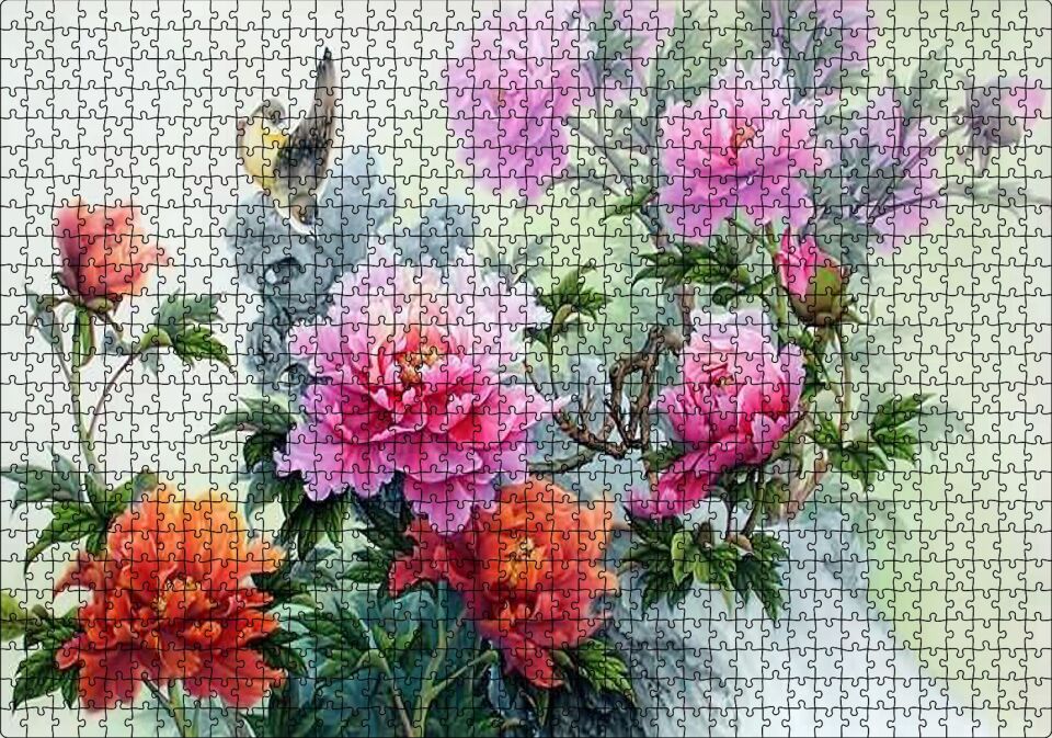 Şakayık Çiçeği Ve Kuşlar Puzzle Yapboz MDF Ahşap 1000 Parça 49 cm X 68 cm