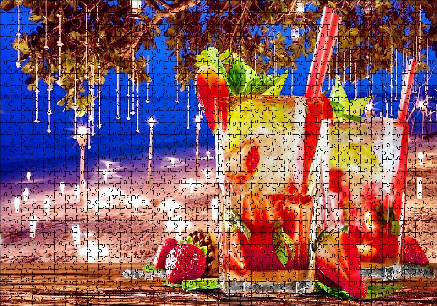 Sahilde Masa ve Üzerinde Çilekli Kokteyller Puzzle Yapboz MDF Ahşap 1000 Parça 49 cm X 68 cm