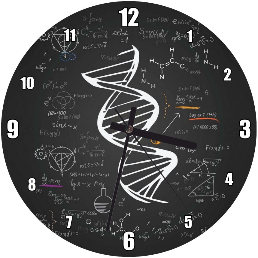 DNA Sarmalı Matematiksel Formüller Ve Geometrik Şekiller Mdf Ahşap Duvar Saati 50 cm Çap