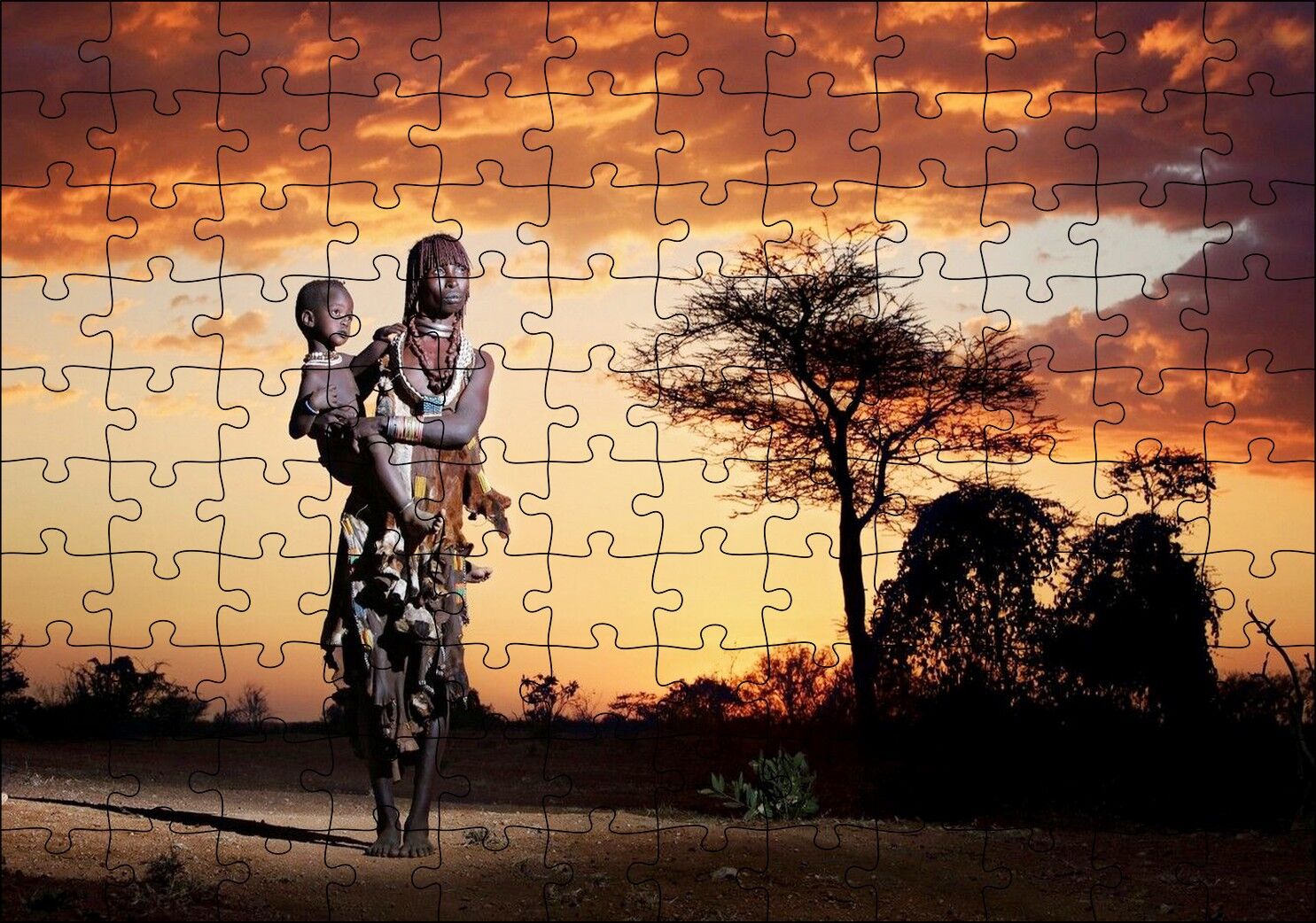 Günbatımında Bulutlar ve Çocuğuyla Bir Afrika Kadını Puzzle Yapboz MDF Ahşap 120 Parça 24 cm X 34 cm