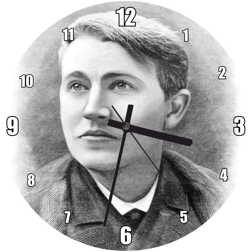 Mucit Ve İşadamı Thomas Alva Edison Portresi Mdf Ahşap Duvar Saati 50 cm Çap