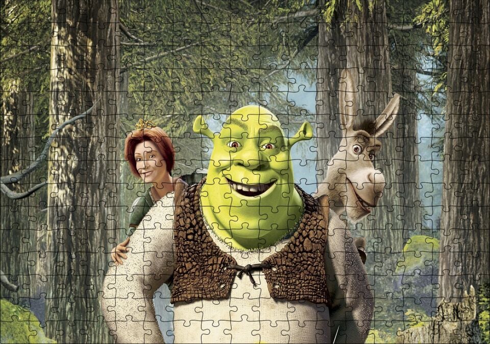 Shrek Shrek Orman Prenses Eşek Gülümsüyor Görseli Puzzle Yapboz MDF Ahşap 255 Parça 34 cm X 49 cm
