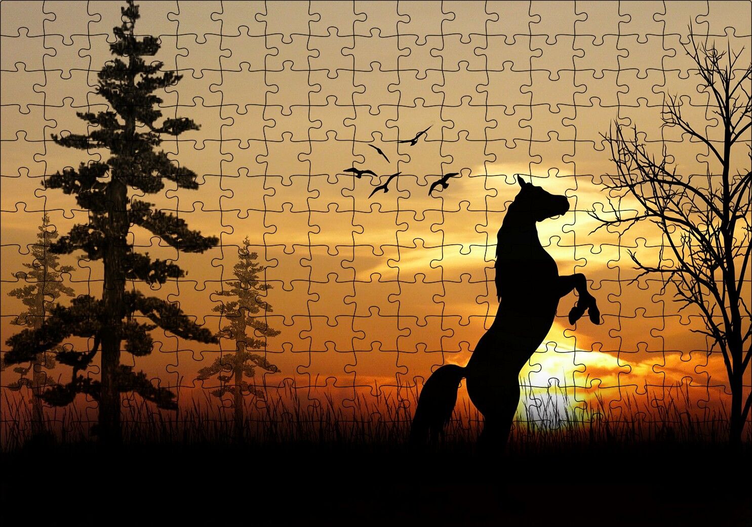 Şahlanan At Kuşlar Ağaçlar ve Gün Batımı Puzzle Yapboz MDF Ahşap 255 Parça 34 cm X 49 cm