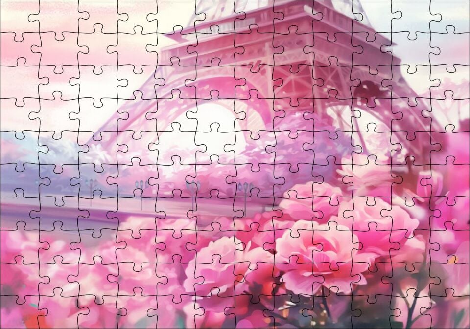 Eyfel Kulesi ve Pembe Güller Puzzle Yapboz MDF Ahşap