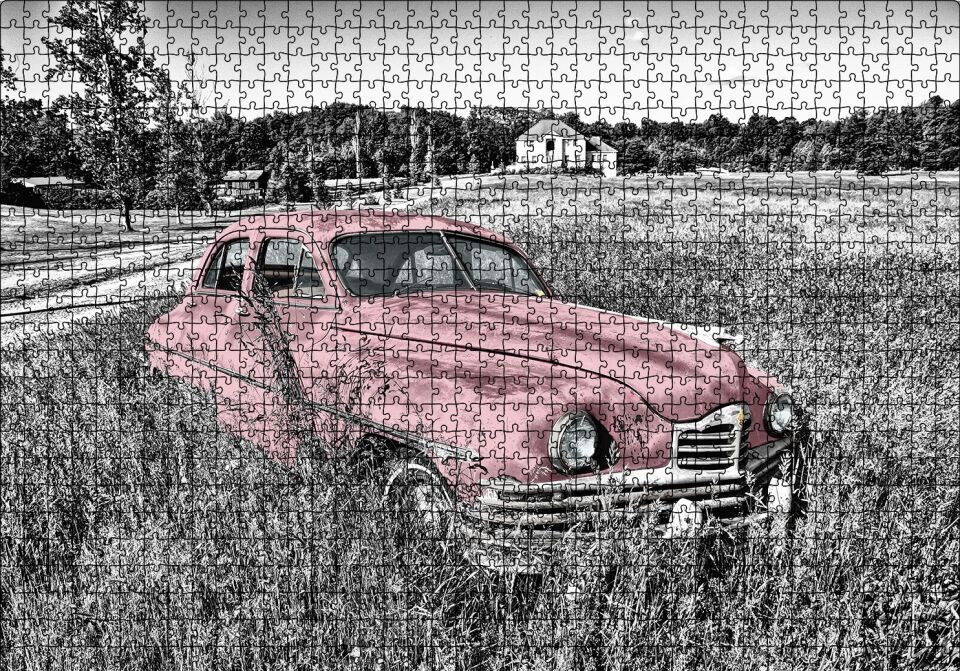 Siyah Beyaz Çayırlardaki Eski Kırmızı Araba Puzzle Yapboz MDF Ahşap 1000 Parça 49 cm X 68 cm