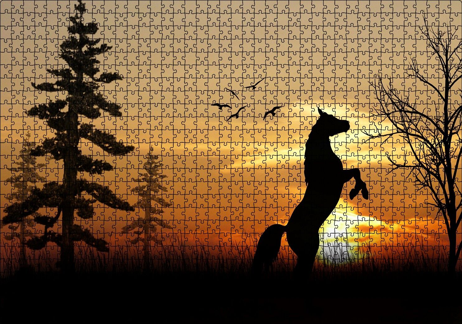 Şahlanan At Kuşlar Ağaçlar ve Gün Batımı Puzzle Yapboz MDF Ahşap 1000 Parça 49 cm X 68 cm