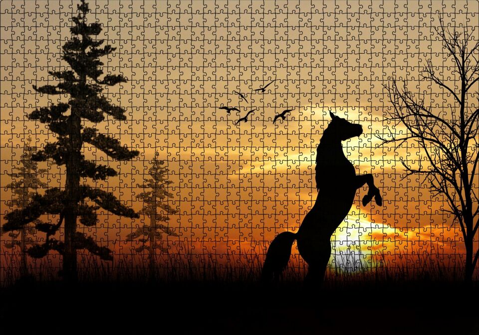Şahlanan At Kuşlar Ağaçlar ve Gün Batımı Puzzle Yapboz MDF Ahşap 1000 Parça 49 cm X 68 cm