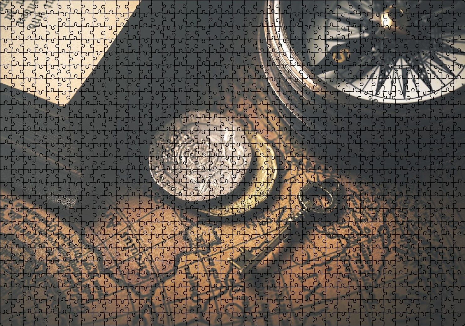 Eski Harita Madeni Paralar Pusula ve Anahtar Puzzle Yapboz MDF Ahşap 1000 Parça 49 cm X 68 cm