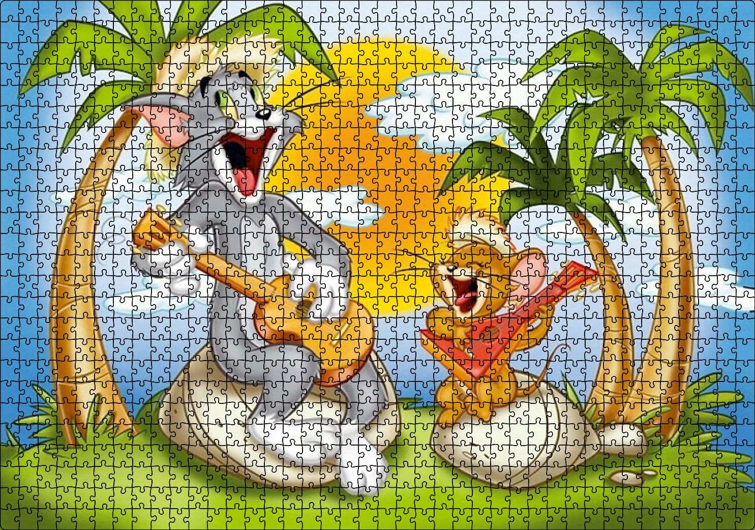 Tom ve Jerry Şarkı Söyleyen Ada Palmiye Ağaçları Puzzle Yapboz MDF Ahşap 1000 Parça 49 cm X 68 cm