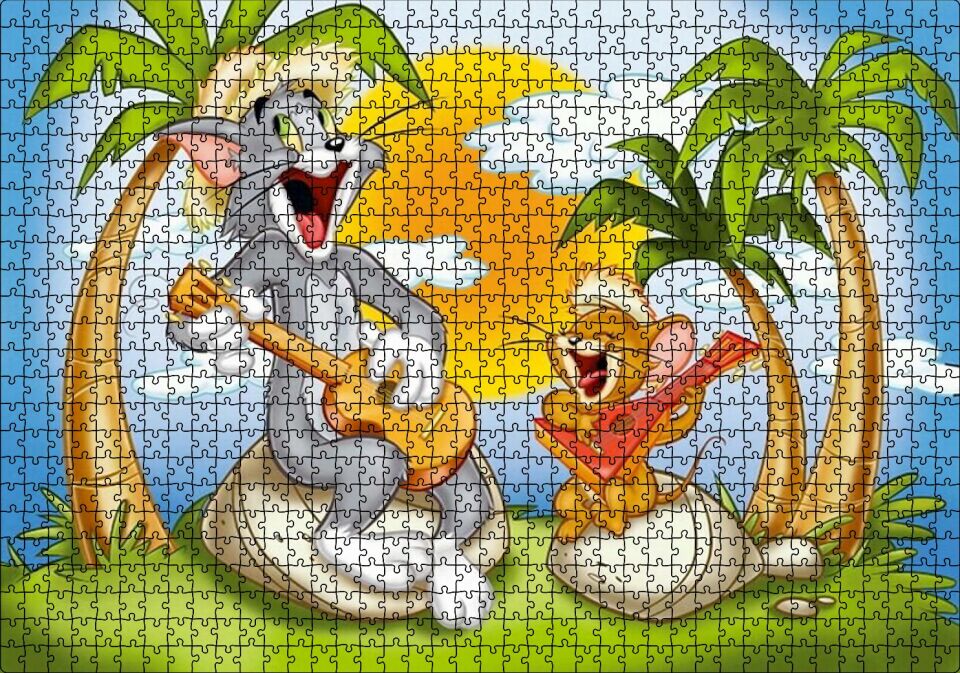 Tom ve Jerry Şarkı Söyleyen Ada Palmiye Ağaçları Puzzle Yapboz MDF Ahşap 1000 Parça 49 cm X 68 cm