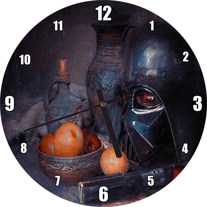 Darth Vader Kaskı Işın Kılıcı ve Meyveler Mdf Ahşap Duvar Saati 50 cm Çap