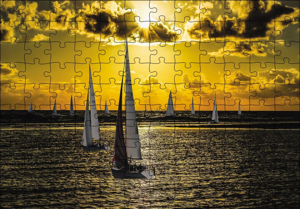 Günbatımında Yelkenliler Puzzle Yapboz MDF Ahşap 120 Parça 24 cm X 34 cm