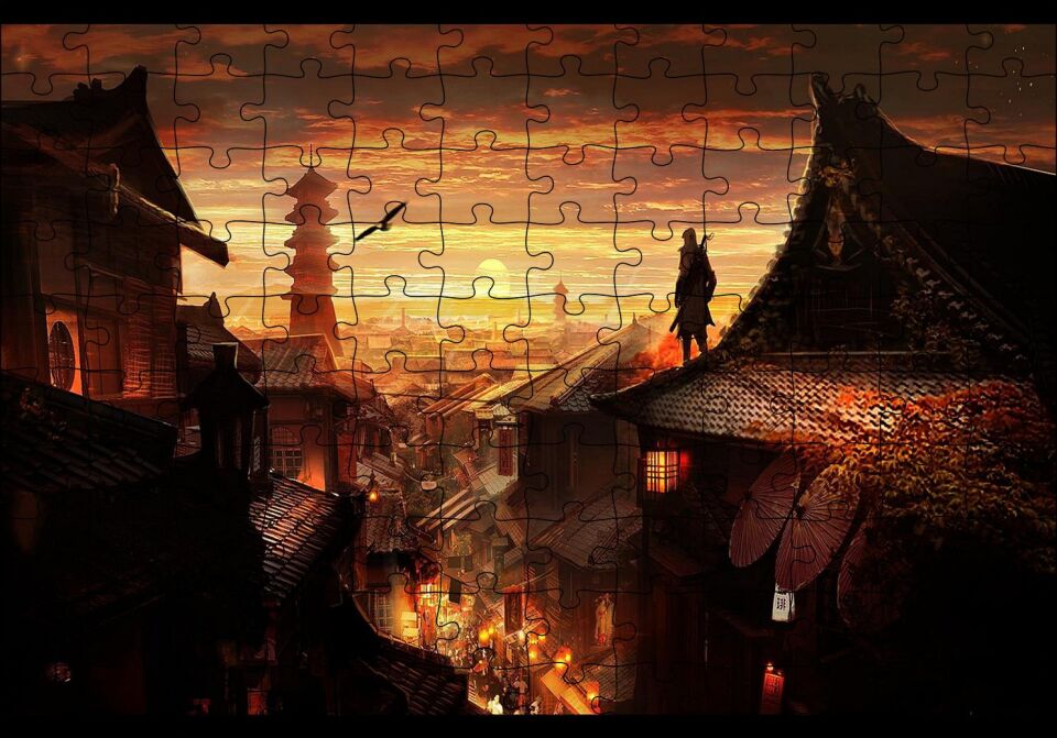 Assassins Creed 5 Günbatımı ve Çatılardaki Suikastçi Puzzle Yapboz MDF Ahşap 120 Parça 24 cm X 34 cm