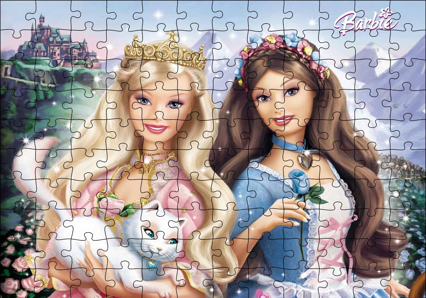 Barbie Bebekler ve Beyaz Kedi Puzzle Yapboz MDF Ahşap