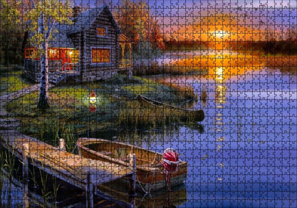 Günbatımında Göl Ağaç Ev ve Kayıklar Puzzle Yapboz MDF Ahşap 1000 Parça 49 cm X 68 cm