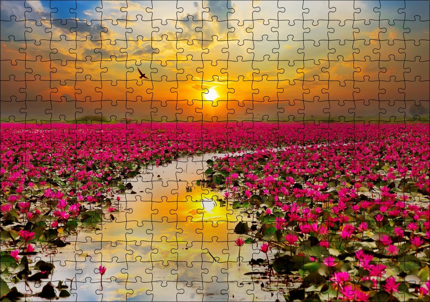 Günbatımında Gölde Pembe Çiçekler Puzzle Yapboz MDF Ahşap 255 Parça 34 cm X 49 cm